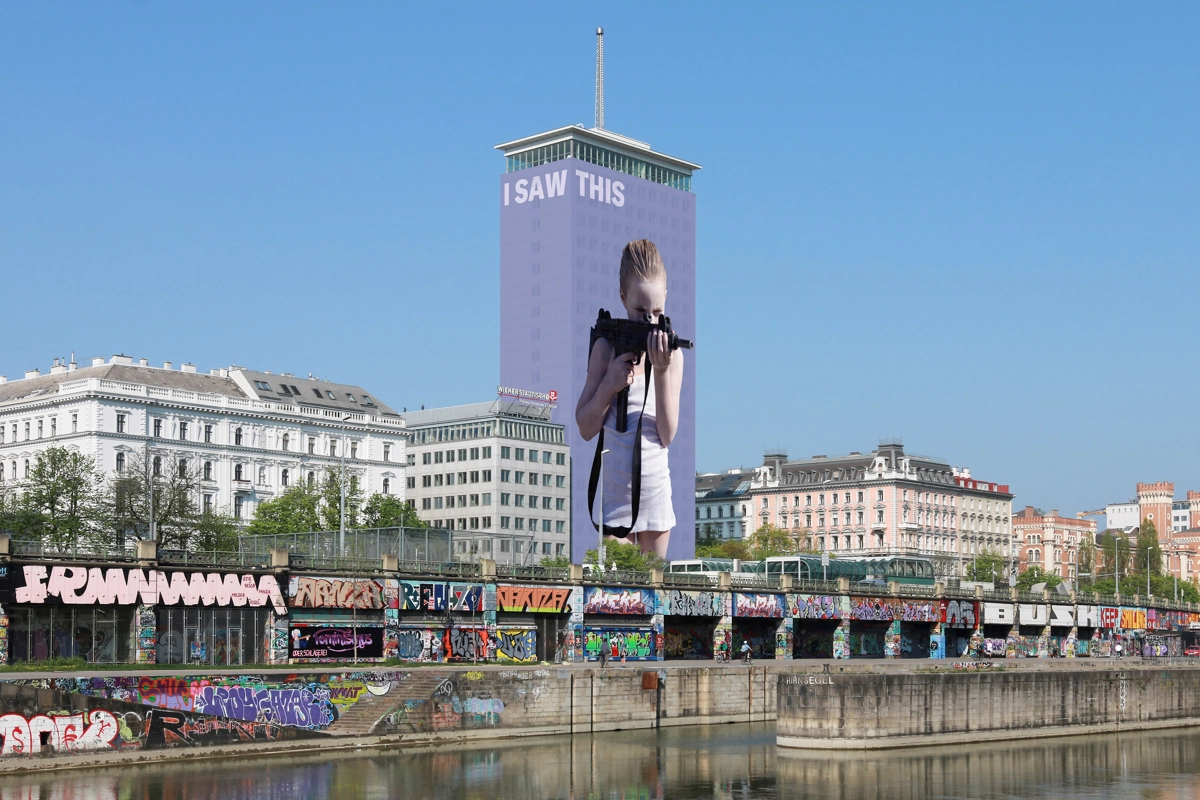 Ringturm wrapped 2018; Facade Art: I saw this von Gottfried Helnwein